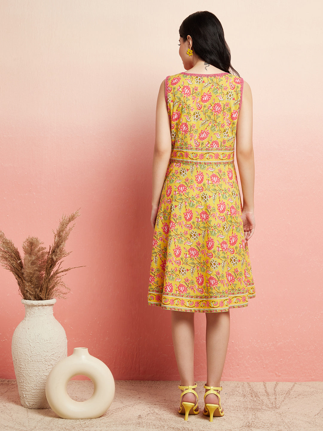 Yellow Floral Print A-Line Dress - Elganza