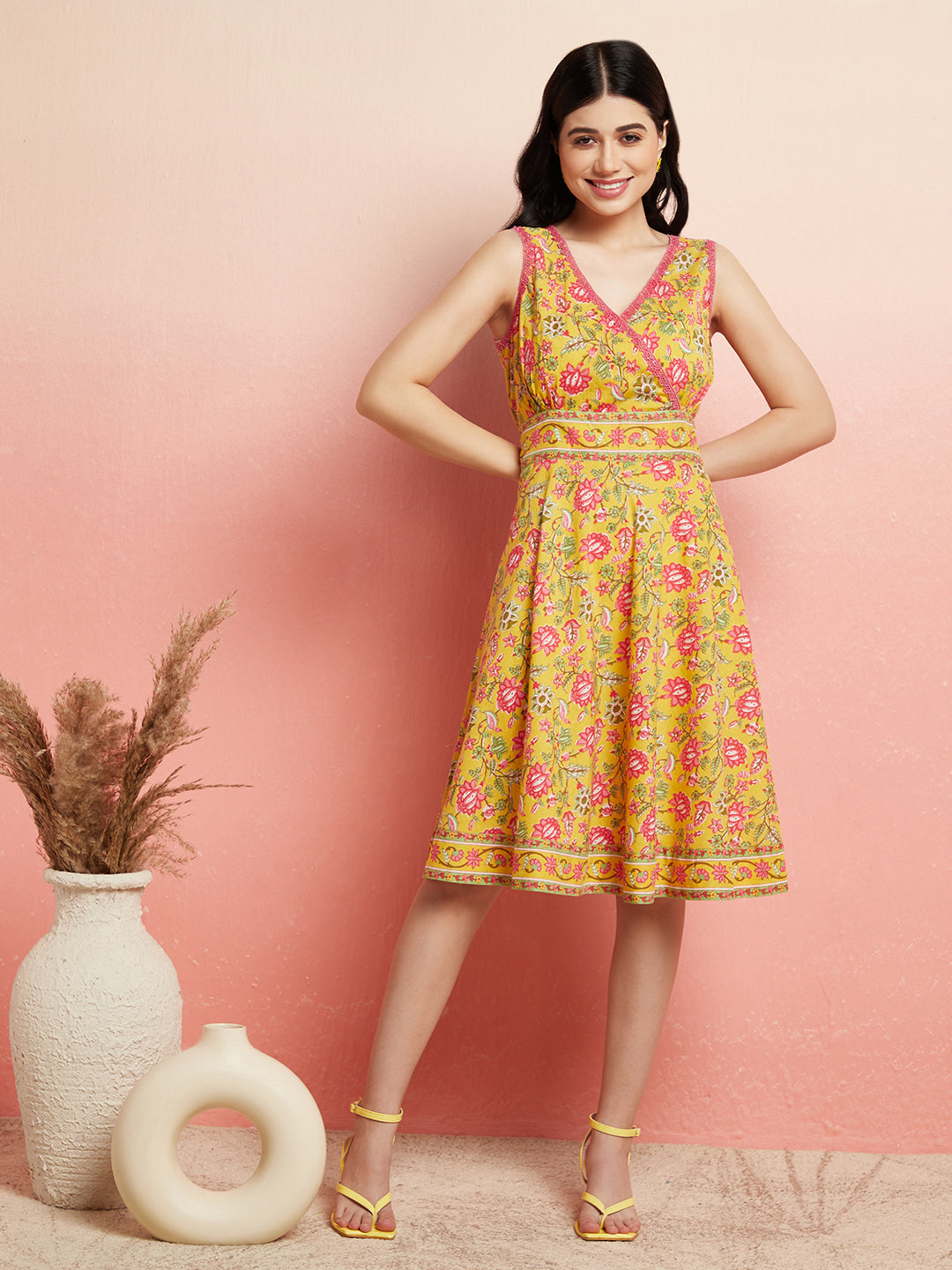Yellow Floral Print A-Line Dress - Elganza