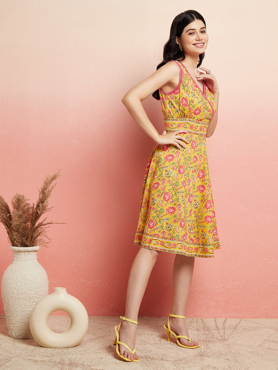 Yellow Floral Print A-Line Dress - Elganza