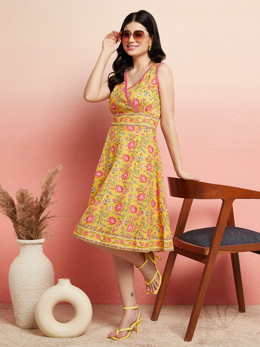 Yellow Floral Print A-Line Dress - Elganza