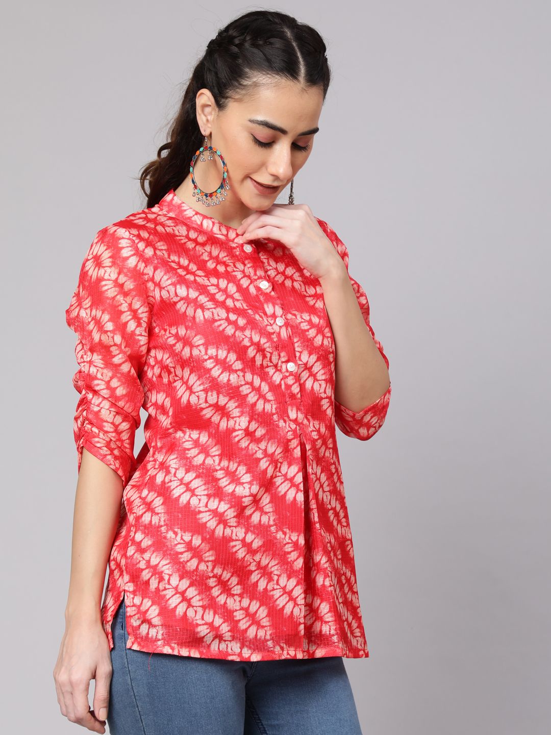 Red Leaf Print Tunic - Elganza