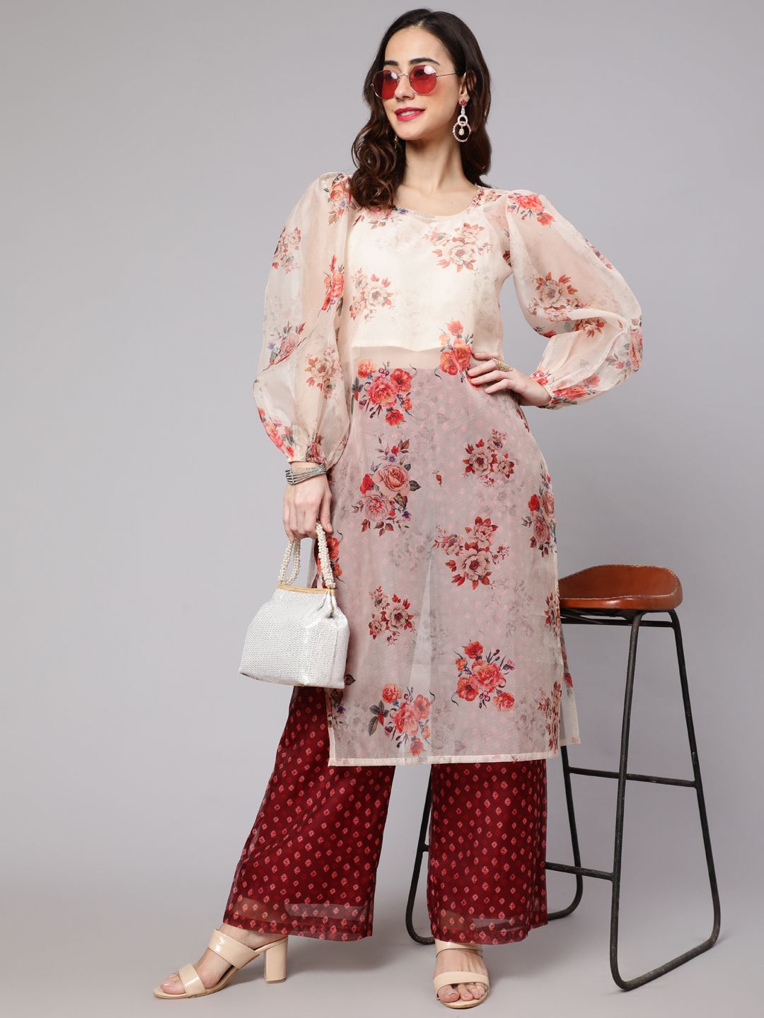 Cream Maroon Floral Print Kurta With Palazzo